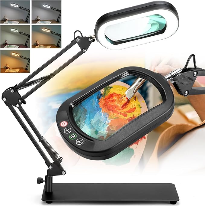 10X Square Magnifying Glass with Light and Stand, Real Glass 5 Color Modes, Brightness Stepless Dimming Lighted Magnifier Hands Free, 2-in-1 Desk Lamp with Clamp for Close Work, Crafts, Hobby, Reading