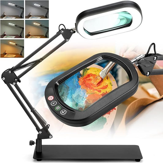 10X Square Magnifying Glass with Light and Stand, Real Glass 5 Color Modes, Brightness Stepless Dimming Lighted Magnifier Hands Free, 2-in-1 Desk Lamp with Clamp for Close Work, Crafts, Hobby, Reading