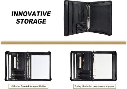 Free Engraved Name, Custom Ring Binder Portfolio, Professional Padfolio Vegans Leather, Document Organizer Folder, Zippered Organizer for 8.5 * 11 inch A4 Letter Legal Pad, Gift for Women/Men, Black