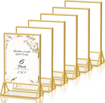5X7 Gold Frames Double Sided Acrylic Sign Holder Tabletop Picture Frames Vertical Display Stand for Shop School Home,Set of 6