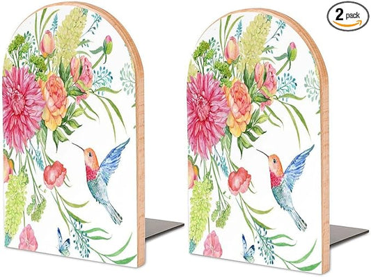 Hummingbird Butterfly Flowers Wooden Large Book Ends Bookends for Shelves, 2 Pack Non-Skid Bookends for Heave Books, Book Stoppers Holders for Kitchen Office Library, 6.7x4.7x3.9in