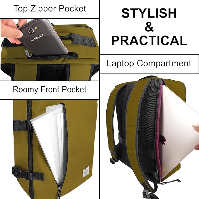 Travel Backpack 21L Minimalist Casual Small Carry-on Daypack 15-inch Laptop Notebook, Overnight Weekender Dark Yellow Mustard