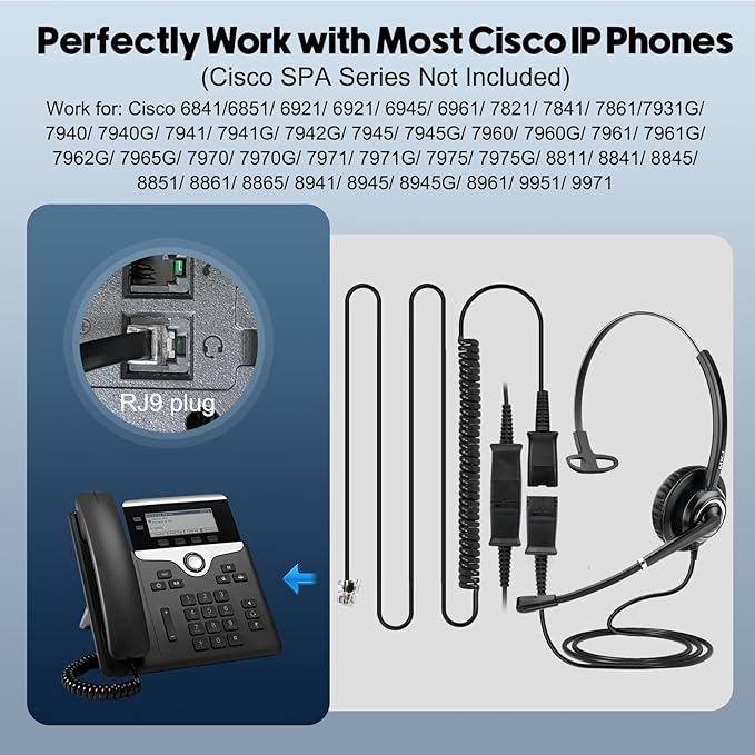 MKJ Cisco Headset for Office Phones Corded RJ9 Telephone Headset with Microphone Noise Cancelling for Cisco CP-7841 7861 7941G 7942G 7945G 7960G 7962G 7965G 7975G 8811 8845 8851 8861 8865 9951 9971