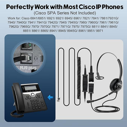 MKJ Cisco Headset for Office Phones Corded RJ9 Telephone Headset with Microphone Noise Cancelling for Cisco CP-7841 7861 7941G 7942G 7945G 7960G 7962G 7965G 7975G 8811 8845 8851 8861 8865 9951 9971