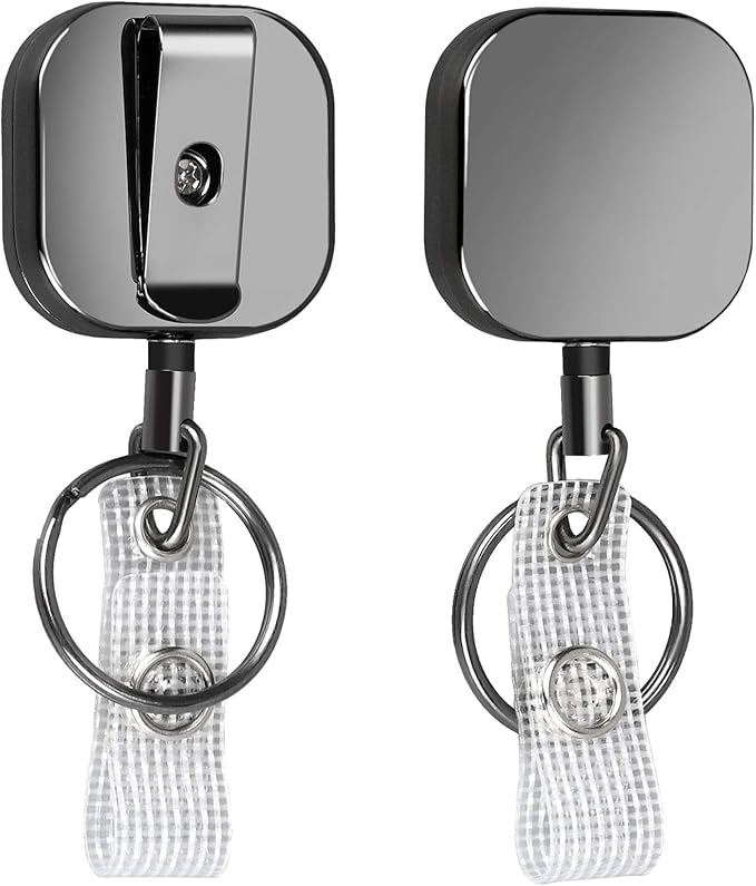 Will Well ID Badge Holder Reel with Clip and Keyring - Heavy-Duty All-Metal Casing with 23.6" UHMWPE Fiber Pull Cord for Easy Access, Holds up to 8 Keys - 2-Pack, Small Square, Glossy Black