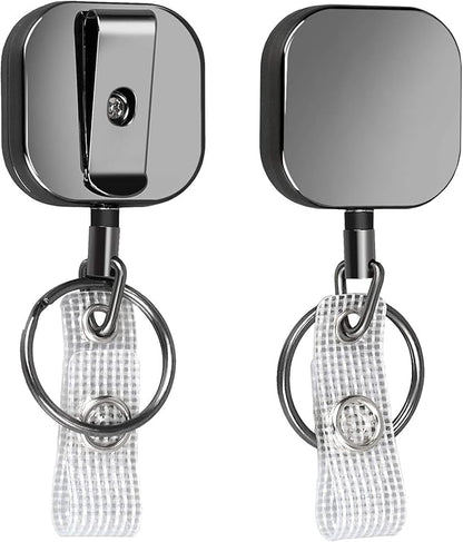 Will Well ID Badge Holder Reel with Clip and Keyring - Heavy-Duty All-Metal Casing with 23.6" UHMWPE Fiber Pull Cord for Easy Access, Holds up to 8 Keys - 2-Pack, Small Square, Glossy Black