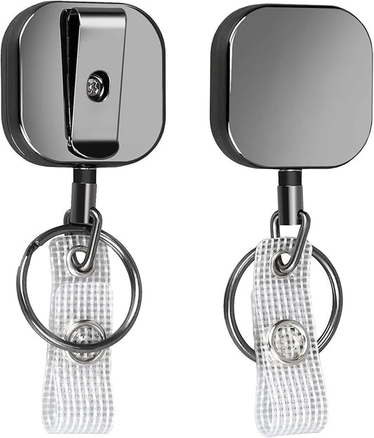 Will Well ID Badge Holder Reel with Clip and Keyring - Heavy-Duty All-Metal Casing with 23.6" UHMWPE Fiber Pull Cord for Easy Access, Holds up to 8 Keys - 2-Pack, Small Square, Glossy Black