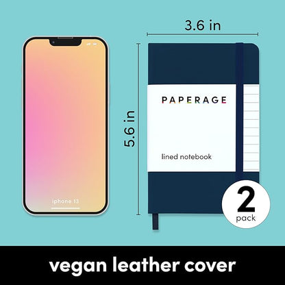 PAPERAGE Lined Pocket Journal Notebook, 2 Pack, (Navy), 160 Pages, Small Notebook, 3.6 inches x 5.6 inches - 100 GSM Thick Paper, Hardcover