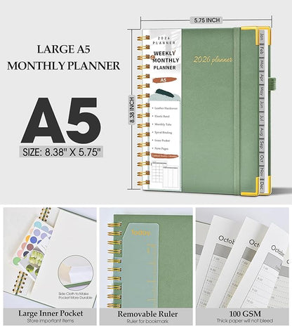 2026 Planner, Weekly and Monthly Calendar Planner from January 2026 - December 2026, 5.75" x 8.38" Hardcover Leather Hourly Appointment Book with Tabs, A5 Spiral Daily Planners for College School Work Home, Green