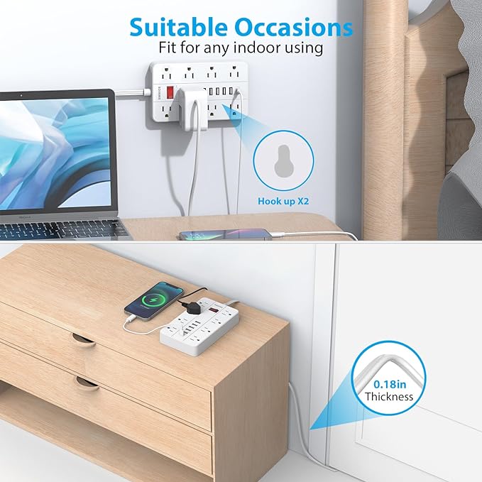 Flat Plug Extension Cord 15 Ft, SMNICE Surge Protector Power Strip with 8 Widely Spaced Outlets and 6 USB(1USB C) Ports, Wall Mount Long Charging Station for Dorm Home, Office Accessories, White