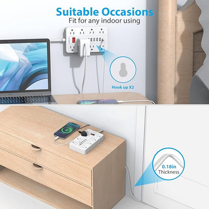 Flat Plug Extension Cord 15 Ft, SMNICE Surge Protector Power Strip with 8 Widely Spaced Outlets and 6 USB(1USB C) Ports, Wall Mount Long Charging Station for Dorm Home, Office Accessories, White