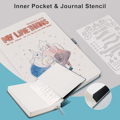 EMSHOI Bullet Dotted Journal Notebook - 320 Pages, 100gsm Thick Paper, A5 Hardcover Leather, Dot Grid Notebook for Women Men Work Writing, Bullet Journaling, Drawing, 5.75 x 8.38, GrayBlue