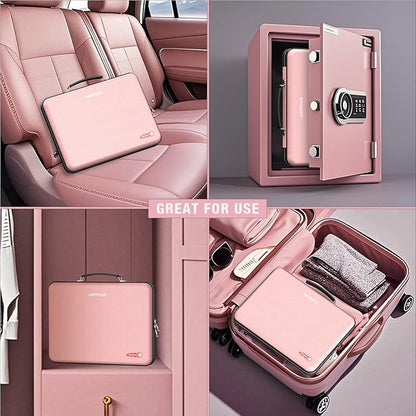 Fireproof File Box, Expanding File Organizer with 13 Pockets, Portable Fireproof Document Box Hard-Shell Document Organizer Storage for Documents Laptop Passports Cards Pink