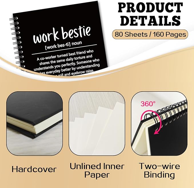 YAZMEEN Work Bestie Blank Spiral Notebook（160 Pages） Work Bestie Gift Hardcover Sketchbook Coworker Appreciation Gift Colleague Leaving Gift Funny Office Notebook Gift for Work Bestie Employee Friend