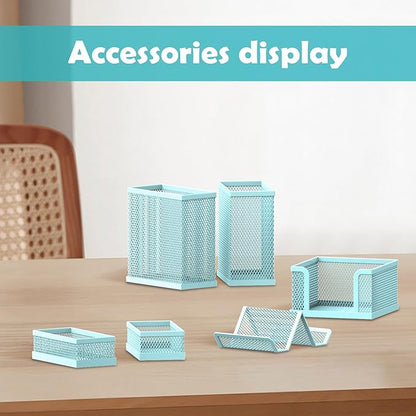 SUPEASY Pen Holder for Desk, 6 Piece Mesh Desk Organizer set, Desk Accessories for Office Organization with Mail Organizer, Letter Phone Holder, Sticky Notes Caddy Storage, Blue