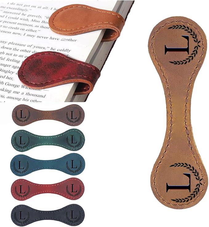 Personalized Magnetic Leather Bookmark, 26 Letters Custom Leather Bookmarks, Handmade, Leather Magnetic Bookmark for Book Lovers Readers Women Kid(Dark Yellow，L）