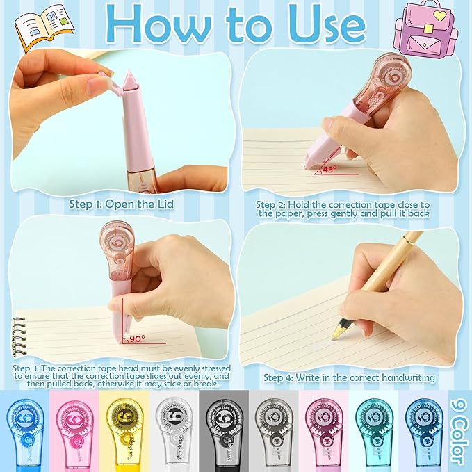 9 Pack Correction Tape Pens 1/5" X 236", 9 Color Correction Tape Comfortable Pen Shape Correction Pen Easy to Use Applicator for Instant Correction Students School Office Supplies