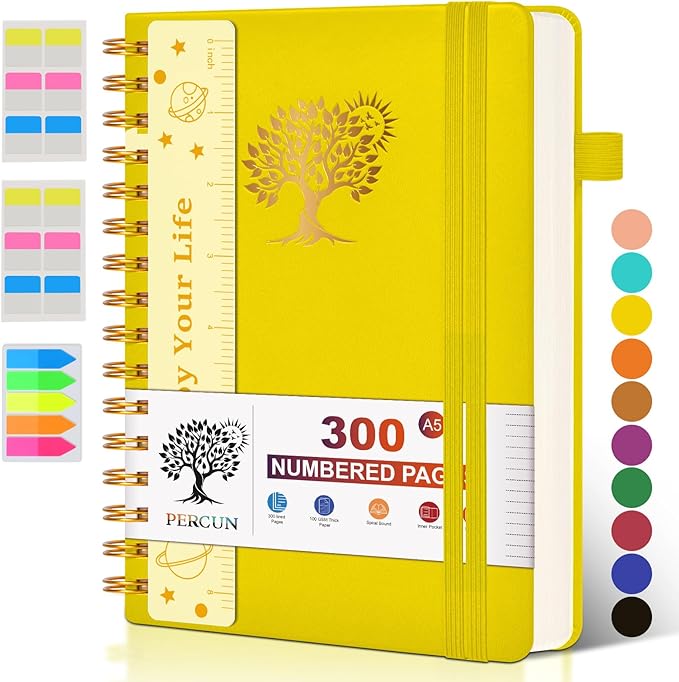 Spiral Notebook Journal for Women Men, 300 Numbered Lined Pages, College Ruled, A5 Hardcover Spiral Bound Notebook for School, Work, Note Taking Writing, Leather Spiral Journal Medium 5.9"x8.5"