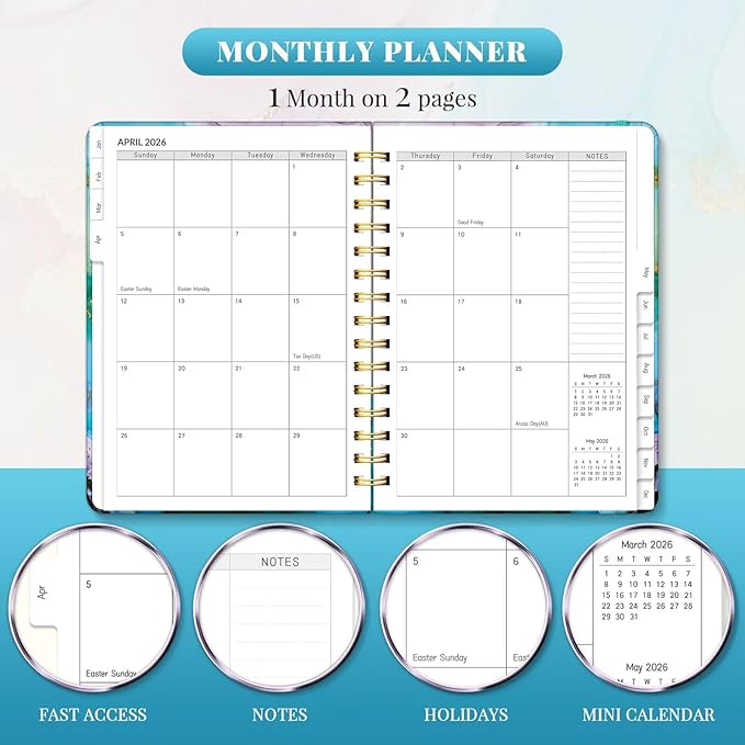 2026 Planner, A5 Weekly and Monthly Planners with Tabs, Spiral Bound Daily Calendar 2026 Planner, Agenda Organizers from Jan. to Dec., Hardcover Habit Tracker Journal 6.18" x 8.5"(Cyan Marble)