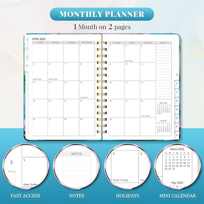 2026 Planner, A5 Weekly and Monthly Planners with Tabs, Spiral Bound Daily Calendar 2026 Planner, Agenda Organizers from Jan. to Dec., Hardcover Habit Tracker Journal 6.18" x 8.5"(Cyan Marble)