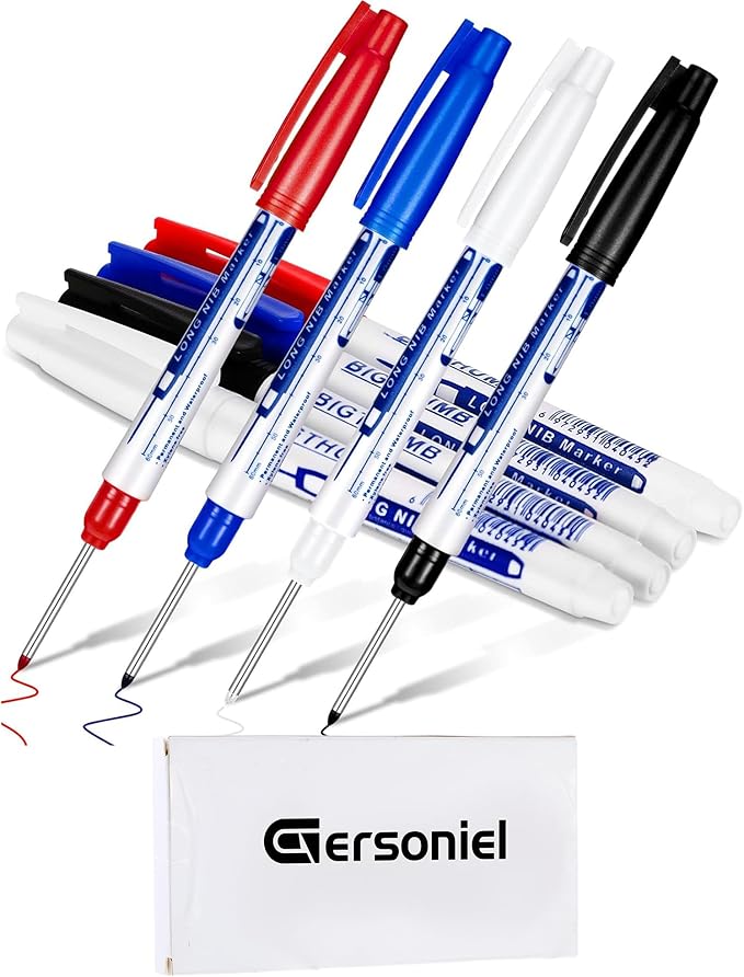 4 Pcs Deep Reach Markers Long Nose Waterproof Deep Hole Marker Carpenter Ink 30 mm Reach Permanent and Pens for Carpenters Builders Construction, 4 Colors