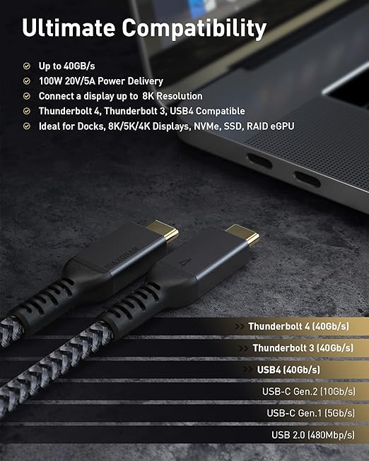 Maxonar [1.6Ft] Thunderbolt 4 Cable, Short Thunderbolt Cable 40Gbps with 100W Charging and 8K/5K@60Hz Compatible with Thunderbolt 4/3, USB4, and USB C