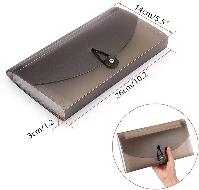 BTSKY Expanding File Folder –New 13 Pockets Small Accordion File Folder Expandable Card Ticket Holder File Storage Folder Check Bill File Folder Plastic Wallet Case (Coffee Translucent)