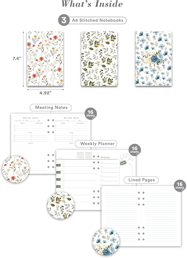 The Luna Premium Leather Journal Cover with 3 Detachable Notebooks & A Metal Ballpoint Pen - Compatible with A6 6-Ring Binder - Gift for Women - Journal Gift Set for Birthday