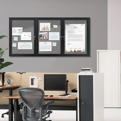 70"x34" Enclosed Bulletin Board, Outdoor Lockable Weather-Resistant Aluminum Cork Noticeboard for School & Office, Black Frame w/Grey Flet