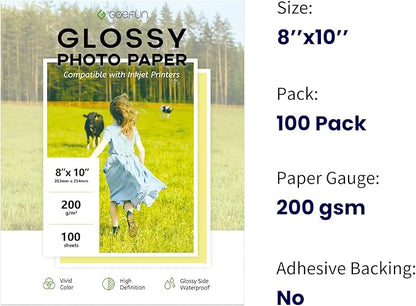 100 Sheets Glossy Photo Paper 8x10, Goefun 200GSM/54LB Inkjet Printer Paper for Dye Ink