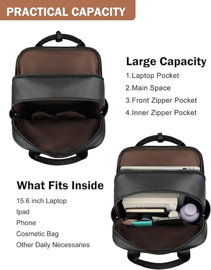 MASINTOR Leather Laptop Backpack for Women, Stylish Computer Backpack College Business Work Shoulder Bags Work and Travel Black