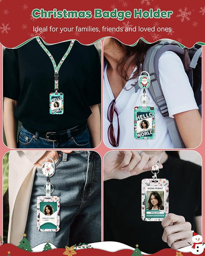 Uniclife 2 Pack Christmas Sliding Badge Holder Hard ID Card Holder with Cartoon Santa Claus & Snowman Patterns Vertical Card Protector with Retractable Badge Reel Carabiner & Detachable Lanyard Strap