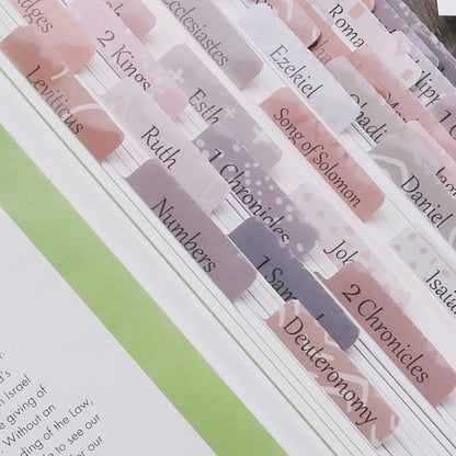 Thinkor Reposition Laminated Bible Tabs, Large Print Stickers, Easy to Read and Apply Bible Tabs for Women and Man (Pink & Gray Print)