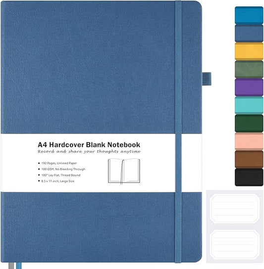 Blank Notebook, Hardcover Sketch Book, 8.5" x 11" Large Blank Journal, No Bleed Thick Paper Sketchbook for Drawing Art, Unlined Notebook Journal for Women Men, A4 Leather Sketchbook, Lay Flat, Navy