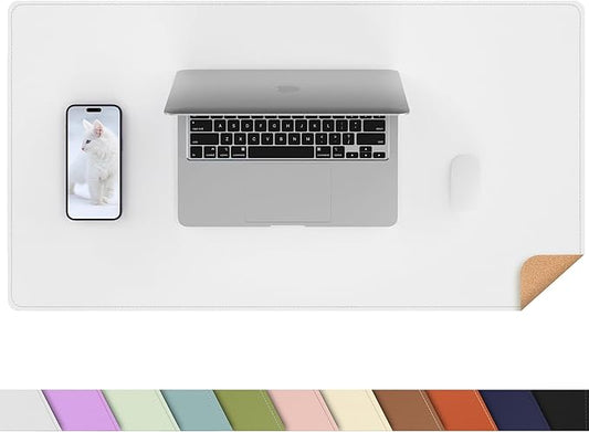 Leather Desk pad Protector, Large Desk mat with Natural Cork & PU Leather,Mouse pad,Non-Slip Office Desk Mat,Waterproof Desk Writing Pad for Office and Home (35in*17in, White)