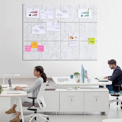 Large Cork Board for Walls - 12 Pack Felt Wall Tiles with Safe Removable Adhesive Tabs - 48" x 36" Bulletin Board for Office & School & Home Decor - Marble White