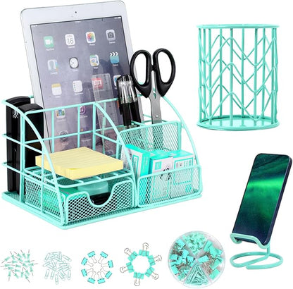 JUOPIEA Desk Organizers and Accessories Office Supplies Organizer with Pen Holder, 72 Clips Set and Phone Stand, Metal Mesh Desktop Organizers with Drawer for Home, Office, School Ect