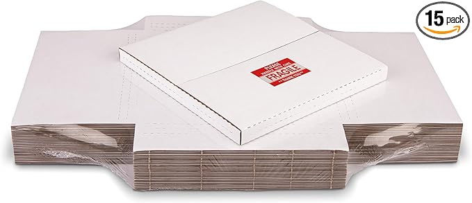 White Vinyl Record Mailers 12.8x12.8x1 Inch LP Mailing Corrugated Cardboard Boxes, Easy-Fold, Multi-Depth Album Shipping Boxes with Fragile Stickers, 15 Pack