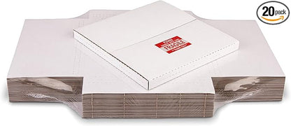 White Vinyl Record Mailers 12.8x12.8x1 Inch LP Mailing Corrugated Cardboard Boxes, Easy-Fold, Multi-Depth Album Shipping Boxes with Fragile Stickers, 20 Pack