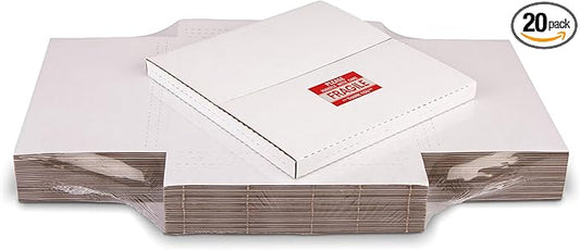 White Vinyl Record Mailers 12.8x12.8x1 Inch LP Mailing Corrugated Cardboard Boxes, Easy-Fold, Multi-Depth Album Shipping Boxes with Fragile Stickers, 20 Pack