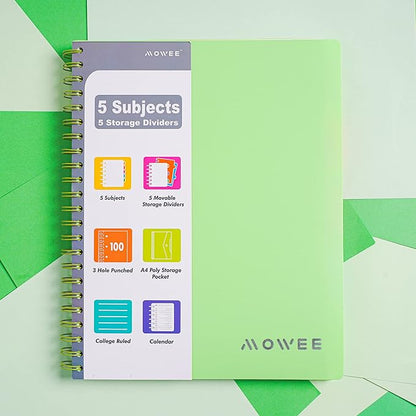 Spiral Notebook - 5 Subject Notebook, College Ruled Notebook With Dividers Pocket, Tabs Label, Ruler, 100Sheet 200 Pages, for Writing Journal, Home & Office, School Supplies, 8.5''x11'' Lime