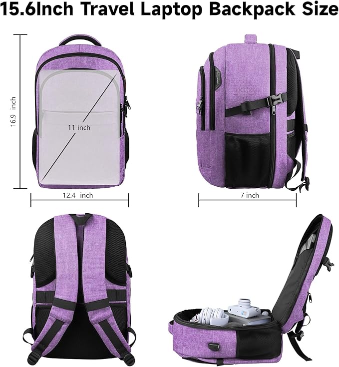 Lapsouno Travel Backpack, Travel Laptop Backpack, Multiple Pockets 15.6 Inch Carry on Backpack with USB Port, TSA Friendly Water Resistant College School Business Bag for Women, Purple