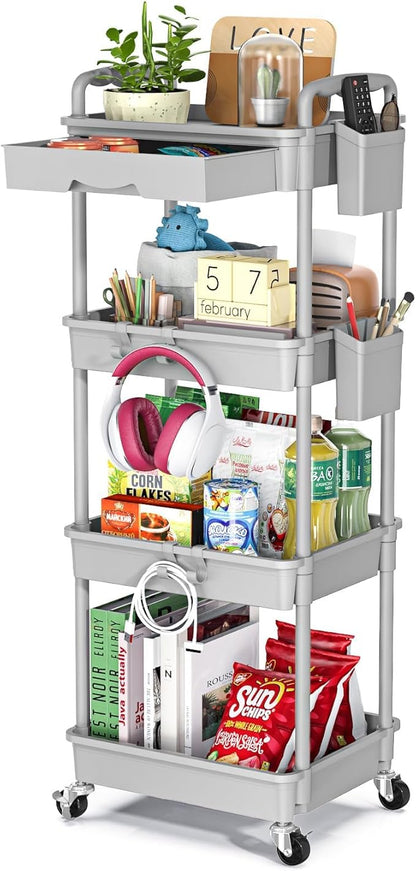 4 Tier Rolling Utility Cart with Drawer, Utility Storage Organizer with Plastic Shelf & Lockable Wheels Multifunctional Storage Cart for Kitchen, Bathroom, Office, Living Room, Gray