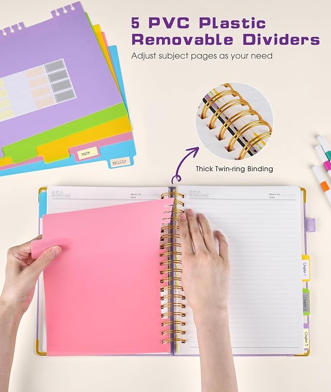 Hardcover Spiral Notebook journal with Removable Dividers Tabs, 300 Pages Leather 5 Subject Notebook College Ruled, 8"x10" Large B5 Notebooks for Work School Note taking,Lined Journal for Women,Purple