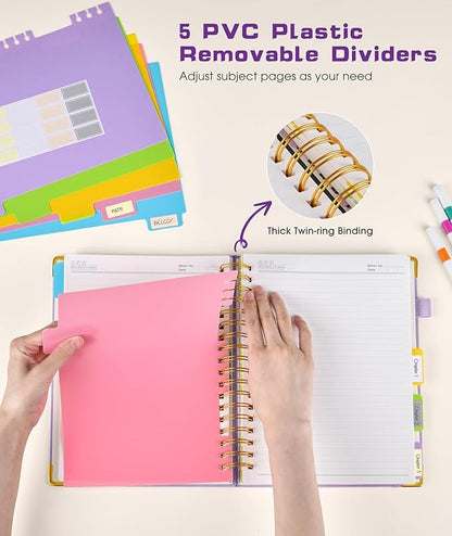 Hardcover Spiral Notebook journal with Removable Dividers Tabs, 300 Pages Leather 5 Subject Notebook College Ruled, 8"x10" Large B5 Notebooks for Work School Note taking,Lined Journal for Women,Purple