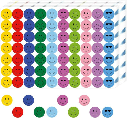 6000 Pieces Happy Smile Face Stickers for School Reward Behavior Chart,3/8 Inch in Diameter Round Colorful Reward Labels 10 Styles Happy Face Stickers for Teachers (50 Sheets)