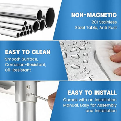 Stainless Steel Table for Prep & Work with 4 Caster Wheels with Undershelf 24 x 36 NSF Metal Commercial Kitchen Adjustable Undershelf Worktable for Restaurant Home Outdoor