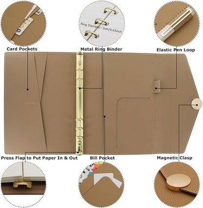 HXRTANGS PU Leather Notebook Binder Set A5, Refillable Writing Journal Planner Organizer with Paper Refills, Index Flags, Subject Dividers, Budget Stickers, Zipper Pocket and Bookmark Ruler, Khaki