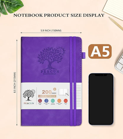 Lined Journal Notebook for Women and Men,Hardcover Leather Journaling Notebook for Writing, Travel, Business, Work and School,200 Pages A5 Notebook for Note Taking, Diary 5.9" × 8.5" - Purple