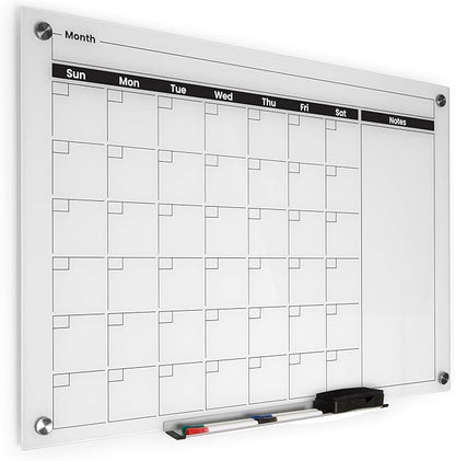 Real Glass Dry Erase Monthly Calendar, Extra Large 24" x 36", Tempered Glass Surface, Frameless Wall Mount, with 4 Assorted Color Markers and Eraser, by Better Office Products (Bright White)
